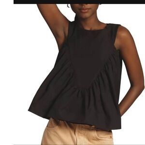 Black V Front Peplum Sleeveless Blouse XL Flowy Pleated Tank Top Chic Minimalist
